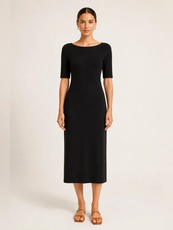 Theory Black Knit Midi Dress Open Back Cutout Minimalist Sheath S