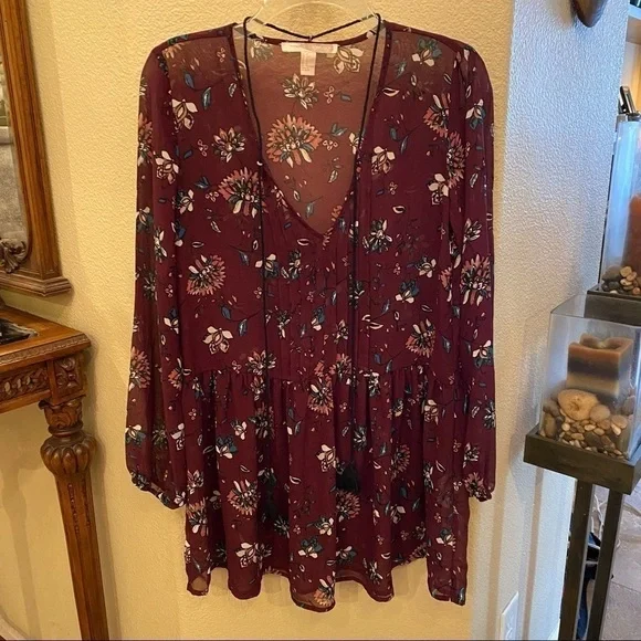 FOREVER 21 Women Burgundy Floral Semi-Sheer Tassel Boho Dress Size Small