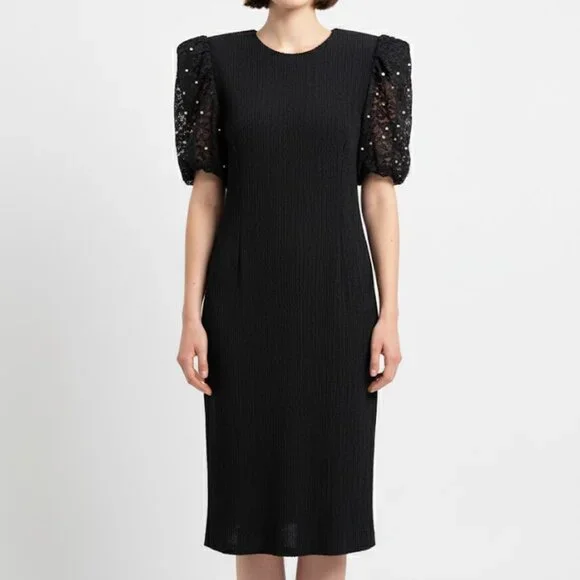 Vintage Lace Pearl Puff Sleeve Leslie Fay Dress Crepe Crinkle 80’s Holiday Party