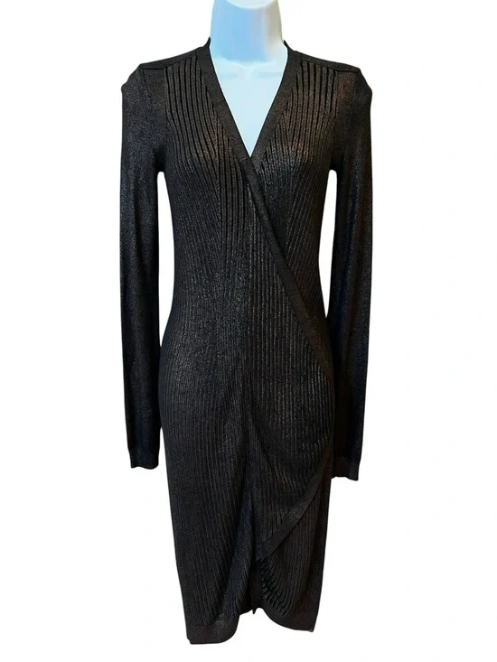 All Saints Epea Wrap Metallic Knit Long Sleeve Dress Black Gold Size 4 Cocktail