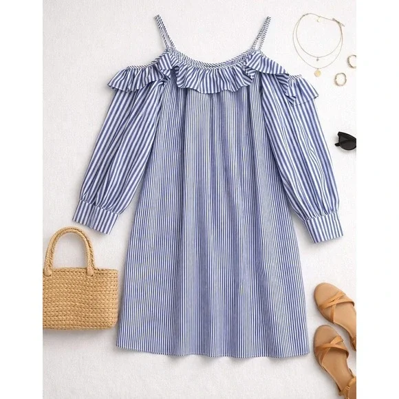 Maggy London Womens‎ Blue White Striped Cold Shoulder Ruffle Shift Dress Size 10