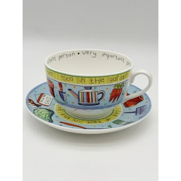 Royal Worcester England Cup & Saucer Set Tea in the Garden Blue 2005 Porcelain