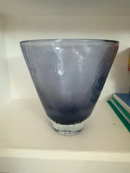 Hand Blown Studio Art Glass Vase Purple Amethyst Ombre Bark Texture Signed 7” in