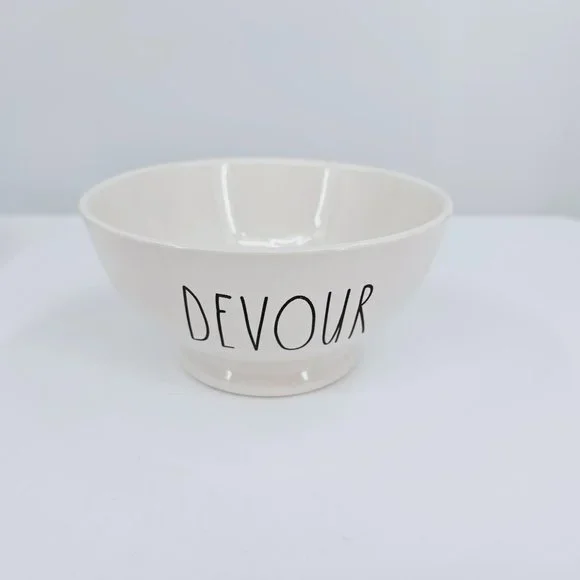 Rae Dunn Bowl Cream Black LL Large Letter DEVOUR Footed Ceramic Farmhouse Dining