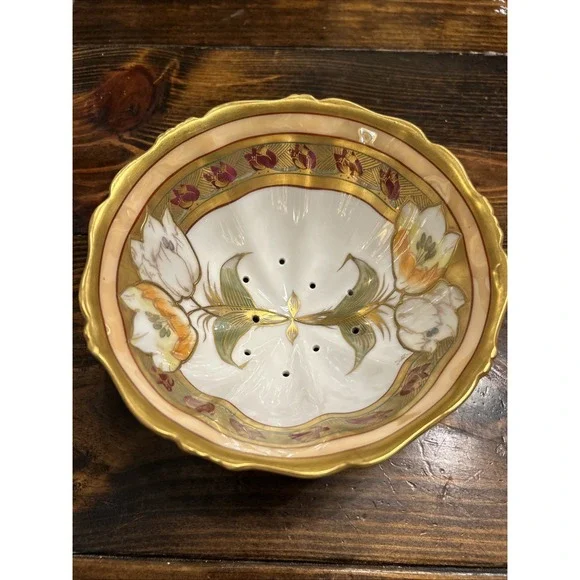 Antique T&V Limoges France Pickard Hand Painted‎ Berry Bowl Strainer Gold Gilt