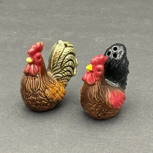 Vintage Ceramic Rooster Salt Pepper Shakers Set Farmhouse Rustic‎ Cottage core