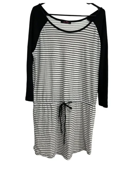 Lorena Rose Black White Striped Long Sleeve Dress Drawstring Waist