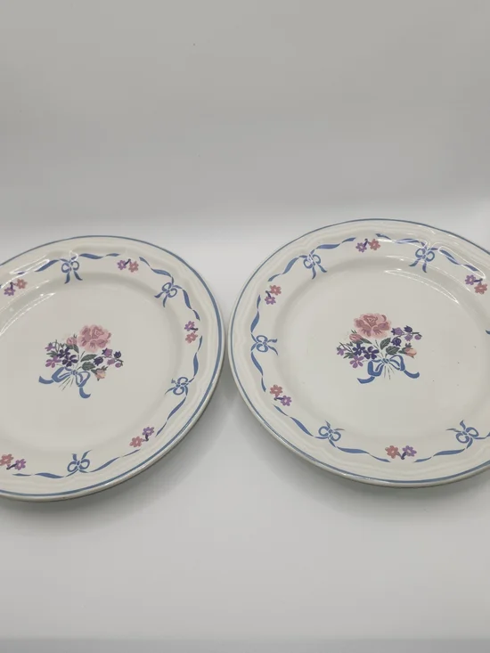 2Vtg Newcor Victoria Stoneware salad/dessert Plates 6026 Blue Ribbon Floral 1989