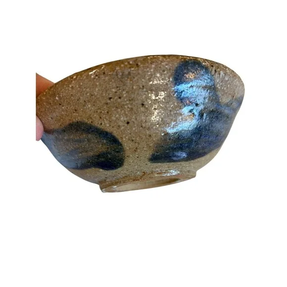 GT Studio Pottery Small Stoneware Bowl Tan Cobalt Blue Abstract Signed 5.5
