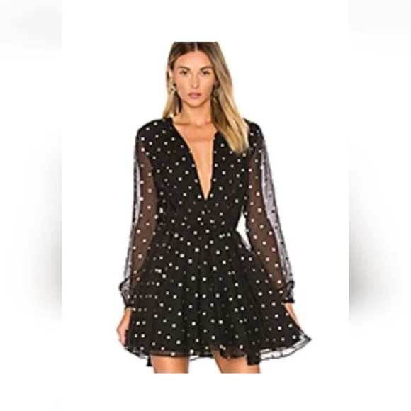 Lovers + Friends Black Polka Dot Long Sleeve Deep V Dress