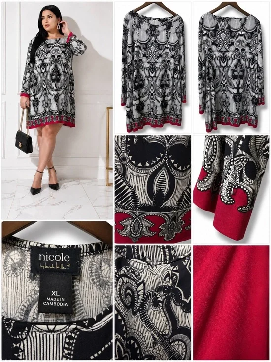 Nicole Miller | EUC Boho Baroque Black White Printed Red Trim Shift Dress (XL)