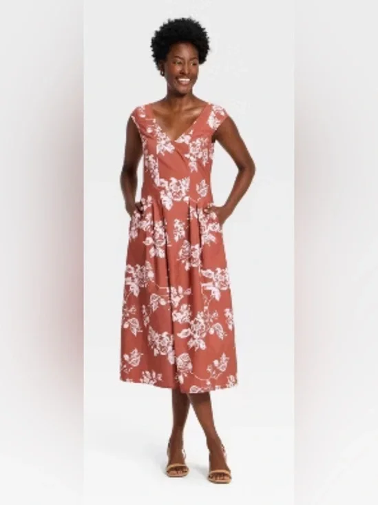 a new day Rust Floral V-Neck Midi Dress with White Print