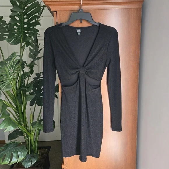 Wild Fable Black Long Sleeve Knot Dress With Cut Outs And Shimmer XS