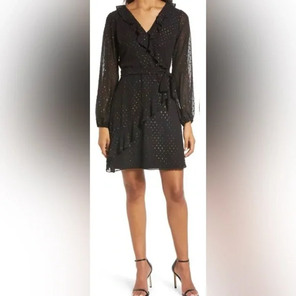 Julia Jordan Black Swiss Dot Faux Wrap Dress – Size 10 – NWOT