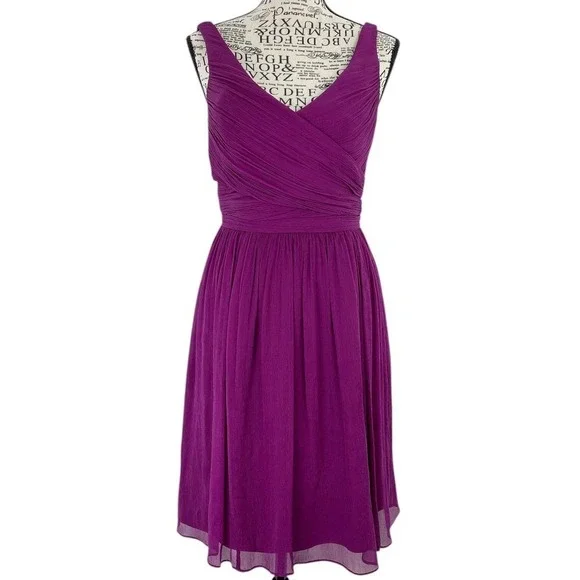 J Crew Purple Silk Chiffon V Neck‎ Dress Size 2 Purple Ruched Bodice Knee Length