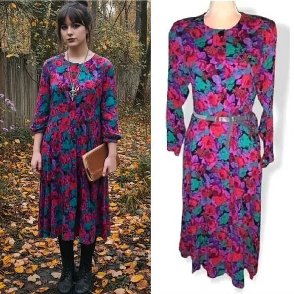 VTG 90s Colorful Floral Black Button Up Long Sleeve Dress SZ 10‎ *Fits Small