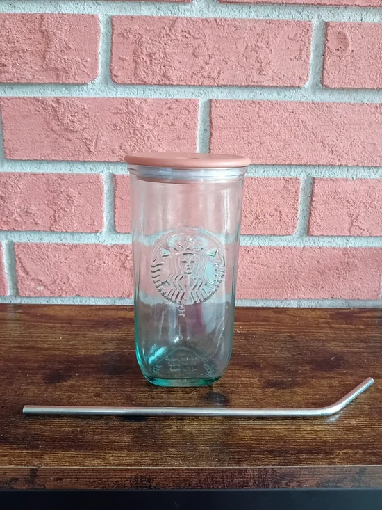 Starbucks Recycled Glass Cold Cup Pink Lid Reusable Metal Straw Coffee Iced Tea