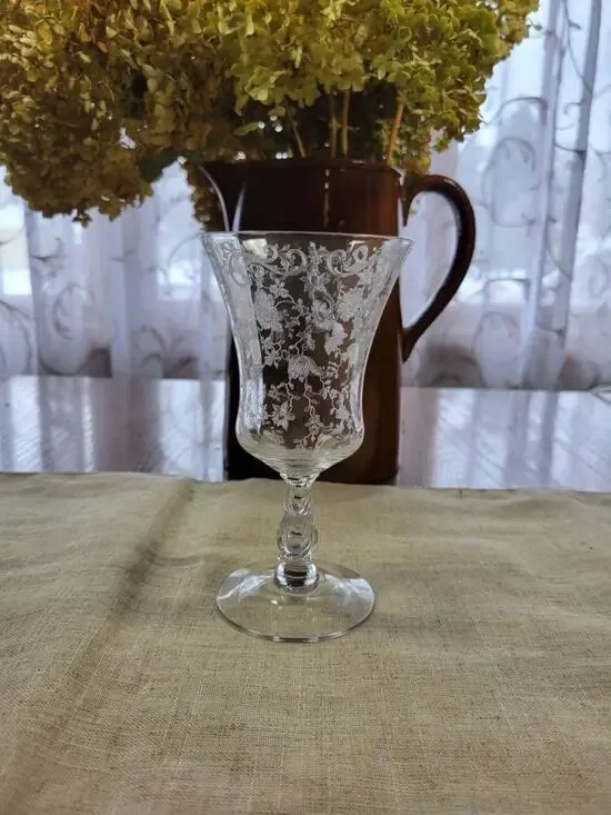 Vintage Cambridge Chantilly Low Water Goblet, Crystal Etched, Clear 6-1/2