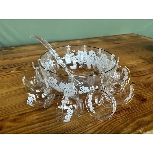22-PC Vintage Anchor Hocking White Grapes Gold Trim Punchbowl Cups Hangers Ladle