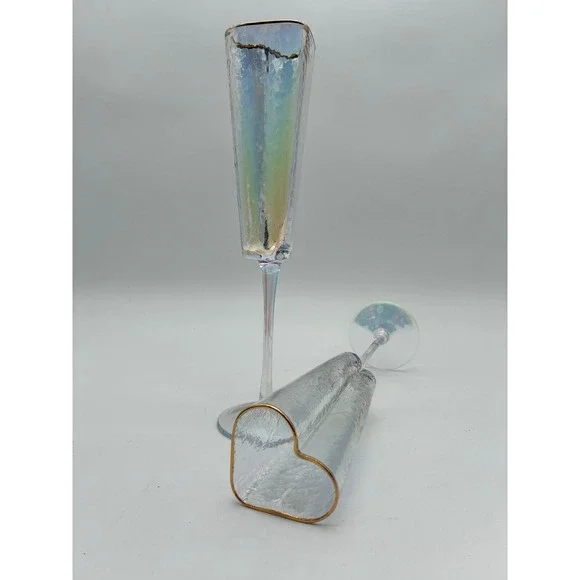2 Iridescent Heart Shaped Long‎ Stemmed Champagne Flutes Gold Rim Textured Glass