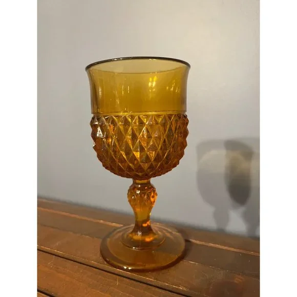 Vintage Indiana Glass Diamond Point‎ Goblet Amber Single, Replacements, MCM