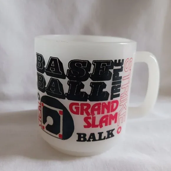 Vintage Glasbake Milk Glass Coffee Mug Baseball Terminology Strike Balk More‎