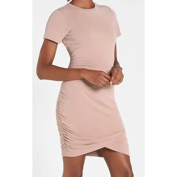 Express Ruched Bodycon T Shirt Dress Beige XS Short Sleeve Casual Everyday‎