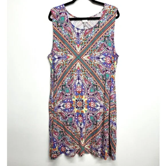Cupio Curvy Multi Color Paisley Floral Tank Swing Dress 2X