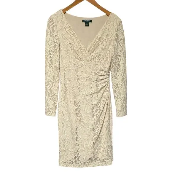 Lauren Ralph Lauren V-Neck Lace Long Sleeve Dress Cream 6