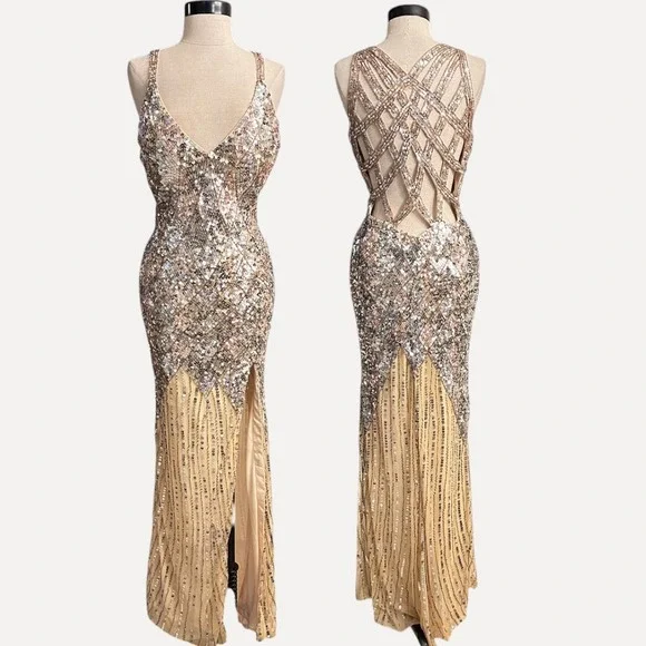 Gold Silver Sequin Formal Gown High Slit Maxi Dress MEDIUM Holiday Prom Party