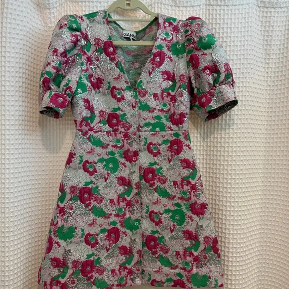 Ganni Green & Pink Jacquard Dress