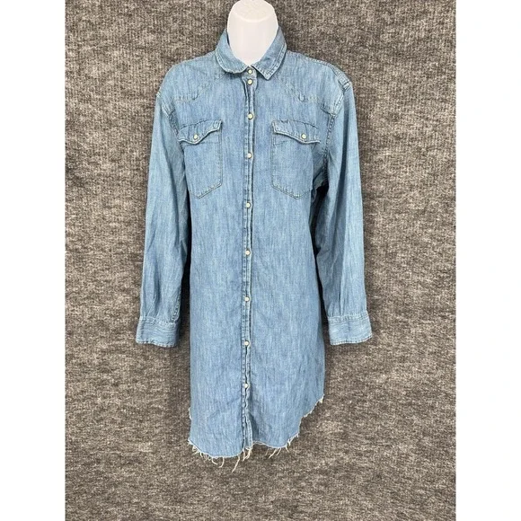 AllSaints Shirt Dress Womens L Blue Zelda Denim Western Button Front Frayed Hem