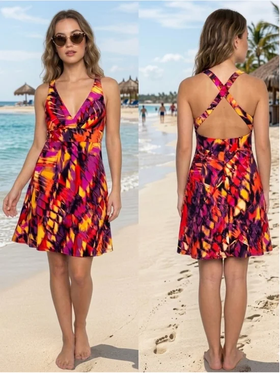 Bisou Bisou Tropical Boho Beachy Halter Mini Dress Orange Purple Size 12 EUC