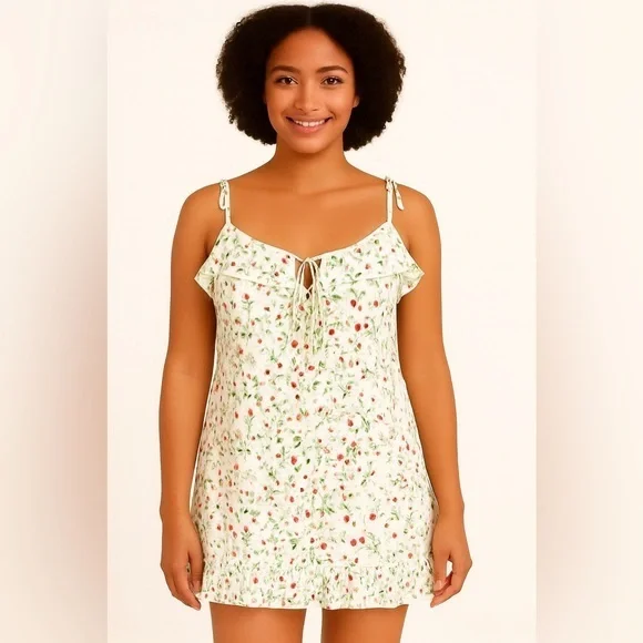 Hayden LA Women's White Green/Red Print Smocked  Back Tunic Sun Mini Dress #1372