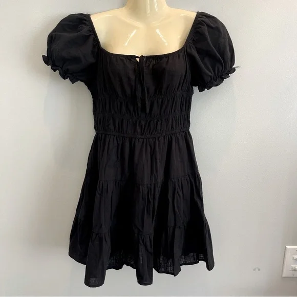 SHEIN Dress Women’s M Black Puff Sleeve Ruched Tiered Cottage core, Babydoll