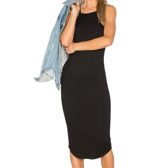 LNA‎ Revolve Square Neck Rib Knit Midi Dress Medium Black Curve Hem Bodycon