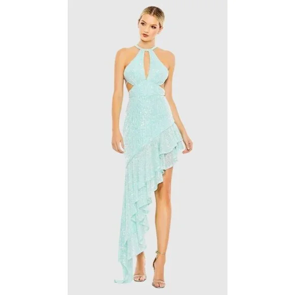 Mac Duggal A11274‎ Aqua Sequined Halter Cut Out Ruffle Asymmetrical Dress Size 8