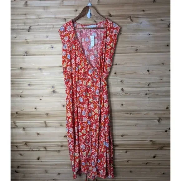 Loft Dress Womens 20 Red Floral‎ Wrap Front Midi Spring Fall NWT