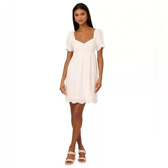 ADRIANNA PAPELL Cotton Eyelet Puff Sleeve Summer Dress NWT