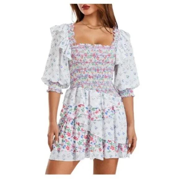 70°F/21°C Women's Puffy Sleeve Princess Tulle Mini Dress Size S Coquette Floral