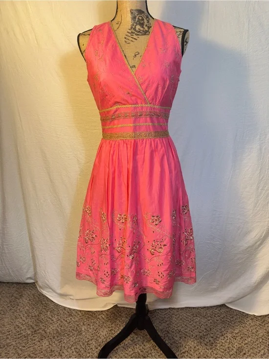 Express Pink Gold Embroidered Cotton Boho Cottagecore Romantic V-Neck Dress Sz 8