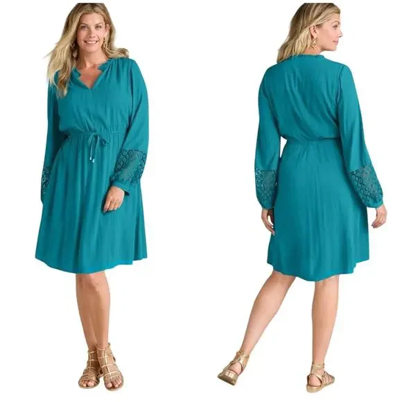 Soft Surroundings MearaGauze Crinkle Mini Dress Teal Turquoise Blue Medium