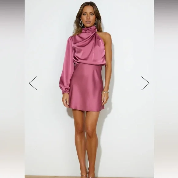 Hello Molly One-Shoulder Satin Mini Dress in Dusty Rose