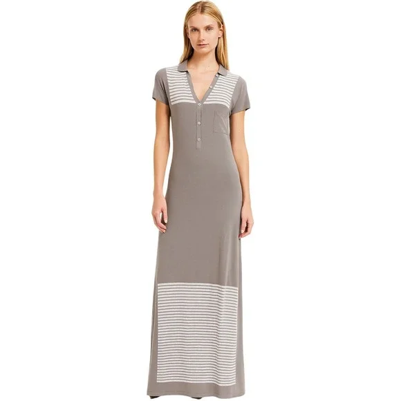 Vintage‎ 70's Gray and Cream Stripe Knit Maxi Dress