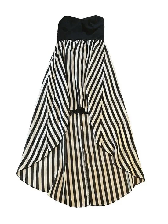 DEB Strapless Hi Low Dress Shorts Womens L Black White Striped Goth Beetlejuice