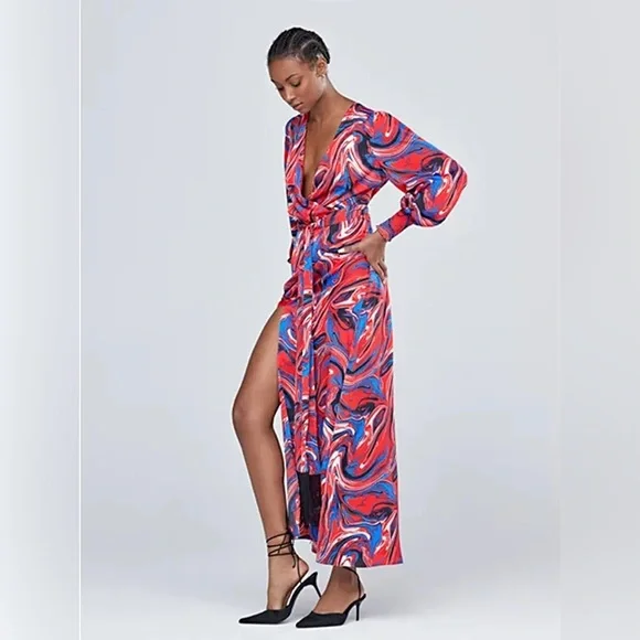 NWT Gabrielle Union x New York & co. Womens M Red Blue Marble-Print Maxi Dress
