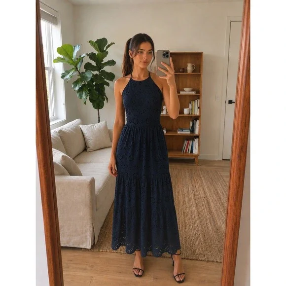 Womens‎ Eyelet Halter Maxi Dress Size S Navy Blue Boho Cottage Coastal Resort