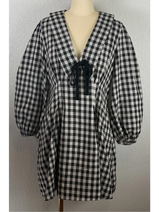 One Loved Babe Gingham Oversized V-Neck Peter Pan Collar Babydoll Mini Dress