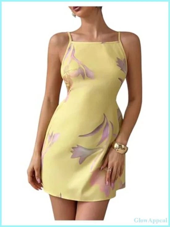 Floral Print Spaghetti Strap Mini Dress Tie Backless Square Neck Cami Dress