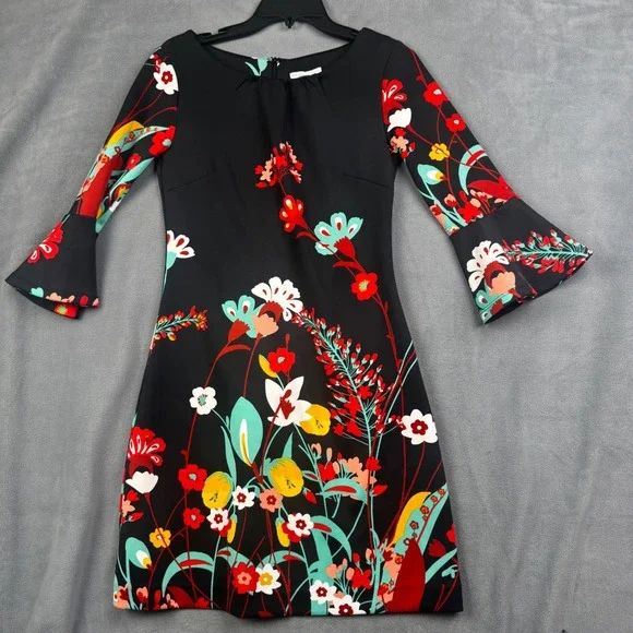 New York & Company Floral Bell Sleeve Sheath Dress Black Red XS Stretch‎